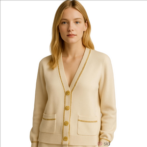 St John Collection Cream Gold Santana Knit Holiday Cardigan Front Pockets Size S